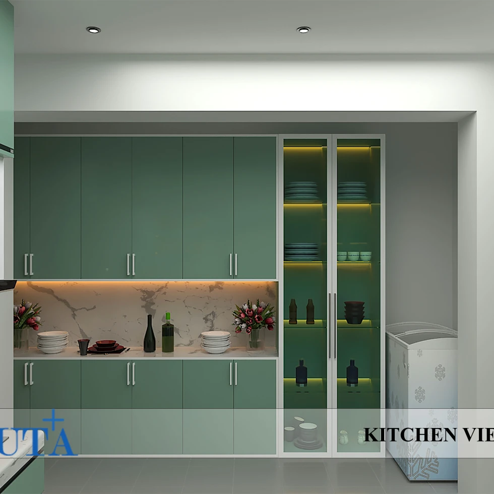 Modern modular L-shaped kitchen design in Dhaka featuring Marine Plywood cabinets and white quartz countertops.